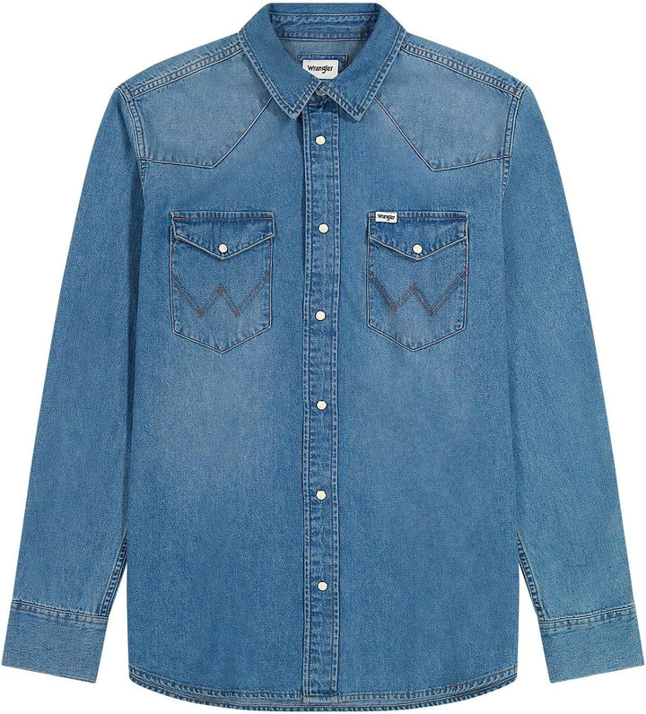 Wrangler Herren Western-Arbeitshemd, langärmelig, mit Druckknöpfen, verwaschenes Finish Hemd XXS Mid