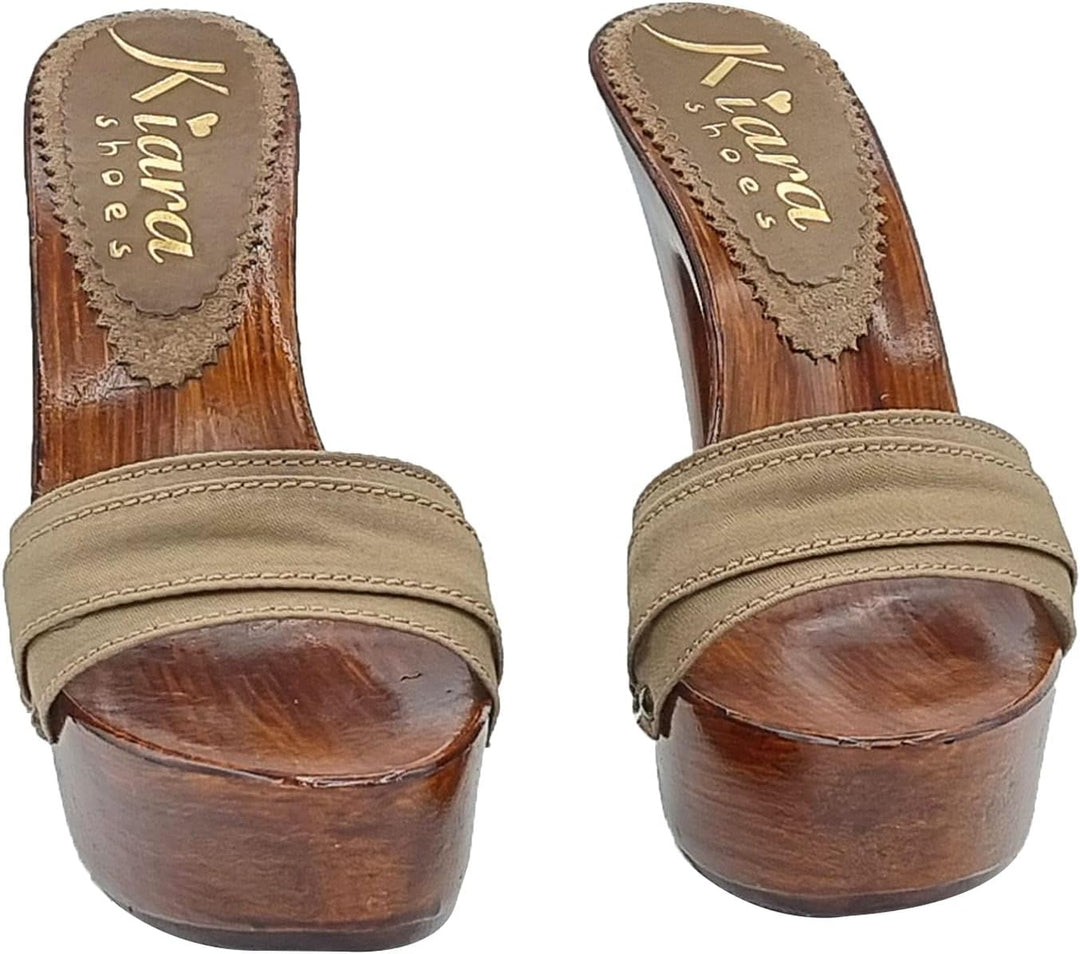 Kiara Shoes Damenclog mit hohem Absatz- Obermaterial aus Stoff - K9201 Taupe (41 EU, Taupe) 41 EU Ta