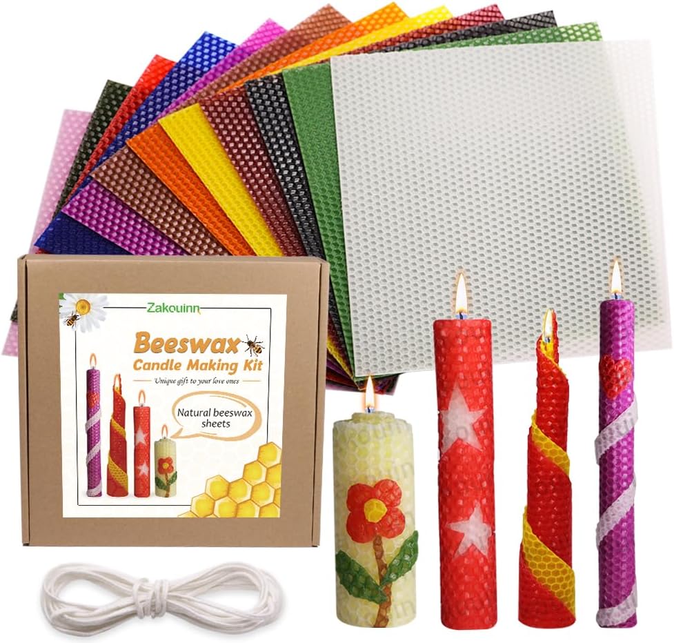 Zakouinn Bienenwachs-Kerzenherstellungsset für Kinder - 12 leuchtende Farben, Bienenwachsblätter zur