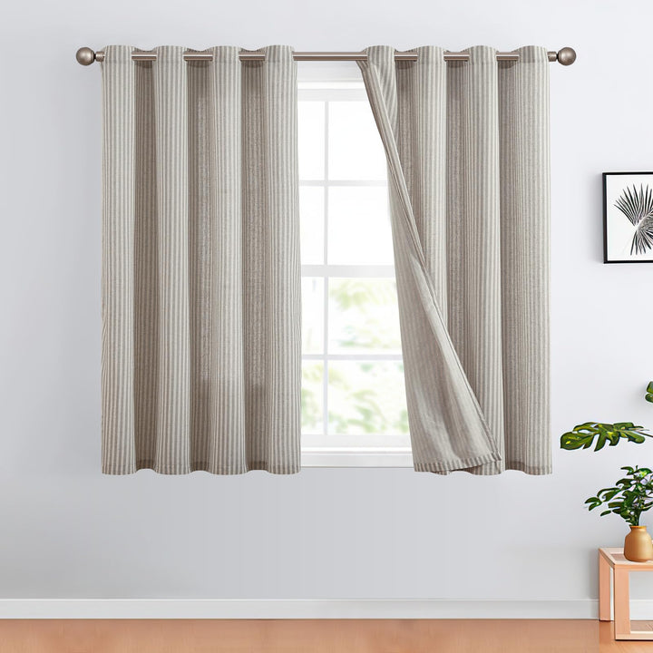 TOPICK Leinen Vorhänge Gestreifte Gardinen mit Ösen Modern Beige Leinenoptik Vorhang Wohnzimmer Priv