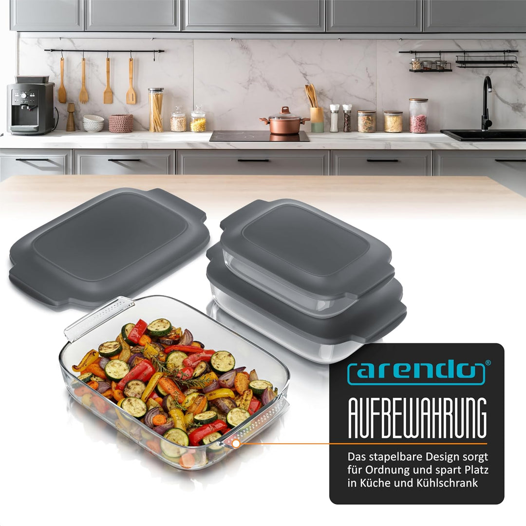 Arendo – Auflaufformen mit Deckel - 3er Set – aus Glas - Borosilikatglas – rechteckige Glasauflauffo
