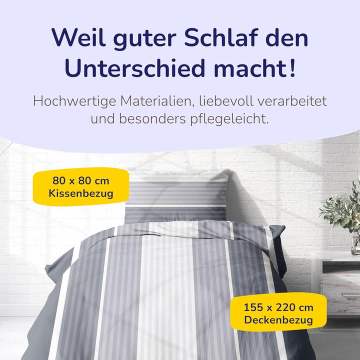 Träumschön Biber Bettwäsche 155x220 grau Weiss gestreift - Moderne 2tlg Gestreifte Bettwäsche grau -