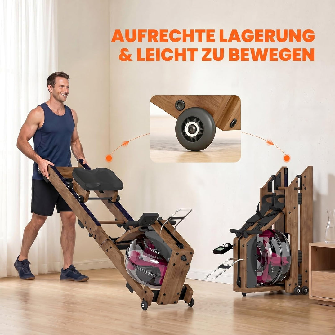 SPORTNOW Wasser Rudergerät für Zuhause aus Gummiholz Klappbar Rudermaschine mit Bluetooth APP Doppel