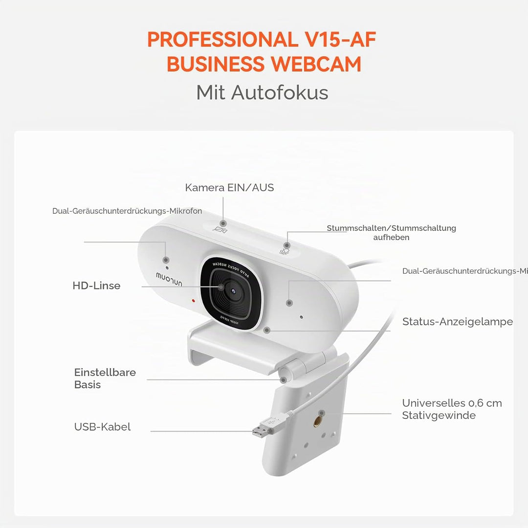 Nuroum V15-AF 2K Webcam mit Autofokus, 1080P 60fps PC Kamera mit Mikrofon, 75°Weitwinkel/Rauschunter