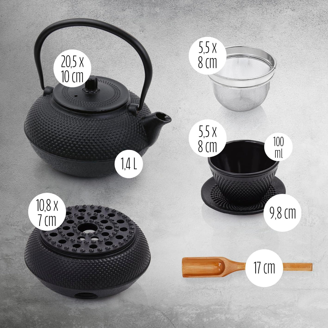 Lumaland Tee Set 12-teilig | 1,4 Liter Gusseiserne Teekanne Tetsubin | Stövchen aus Gusseisen | 4 Te