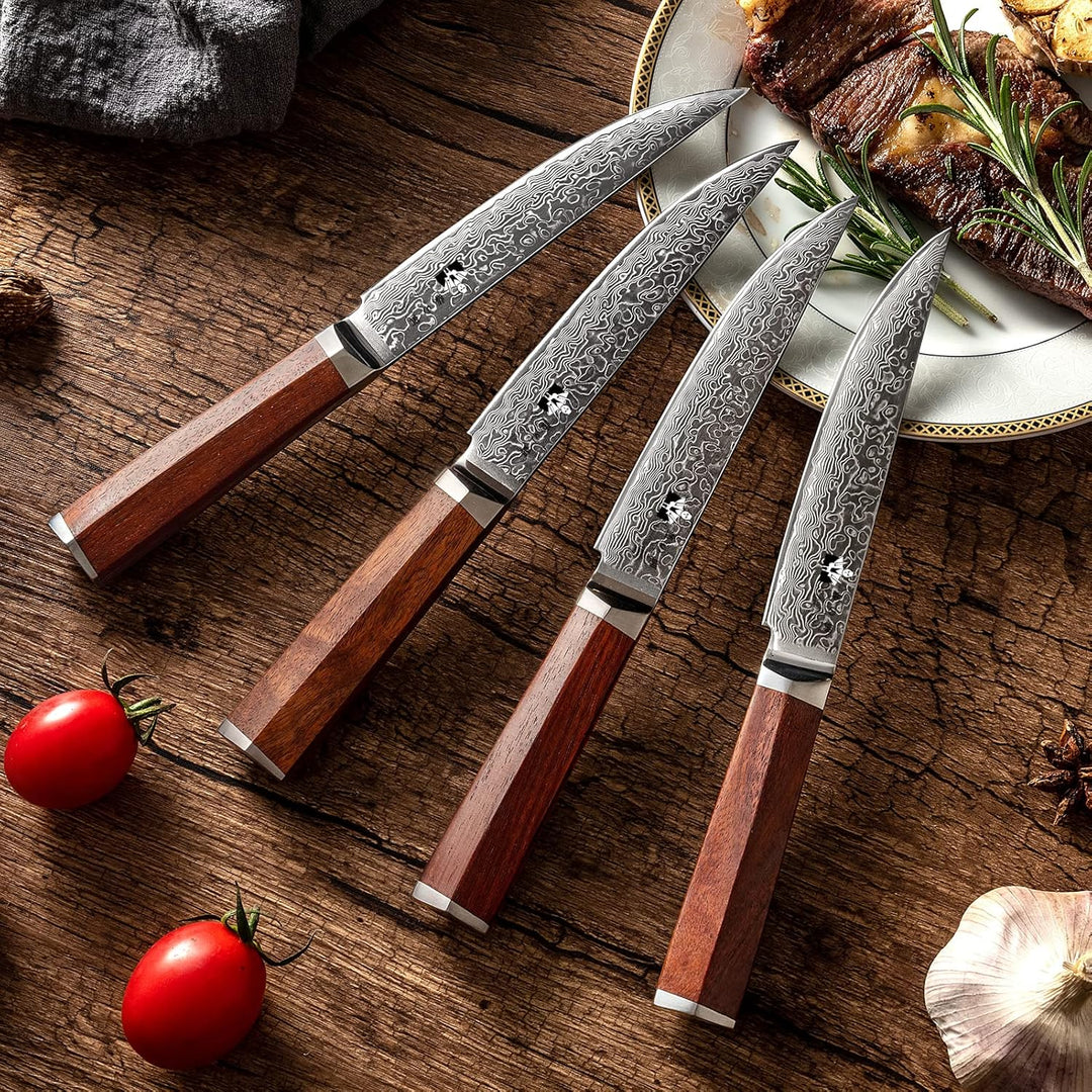 FUJUNI Steakmesser Set 4teilig, 4er Damast Steakmesser-Set Mit Extrem Scharf 12.5cm Klinge Aus 67 La