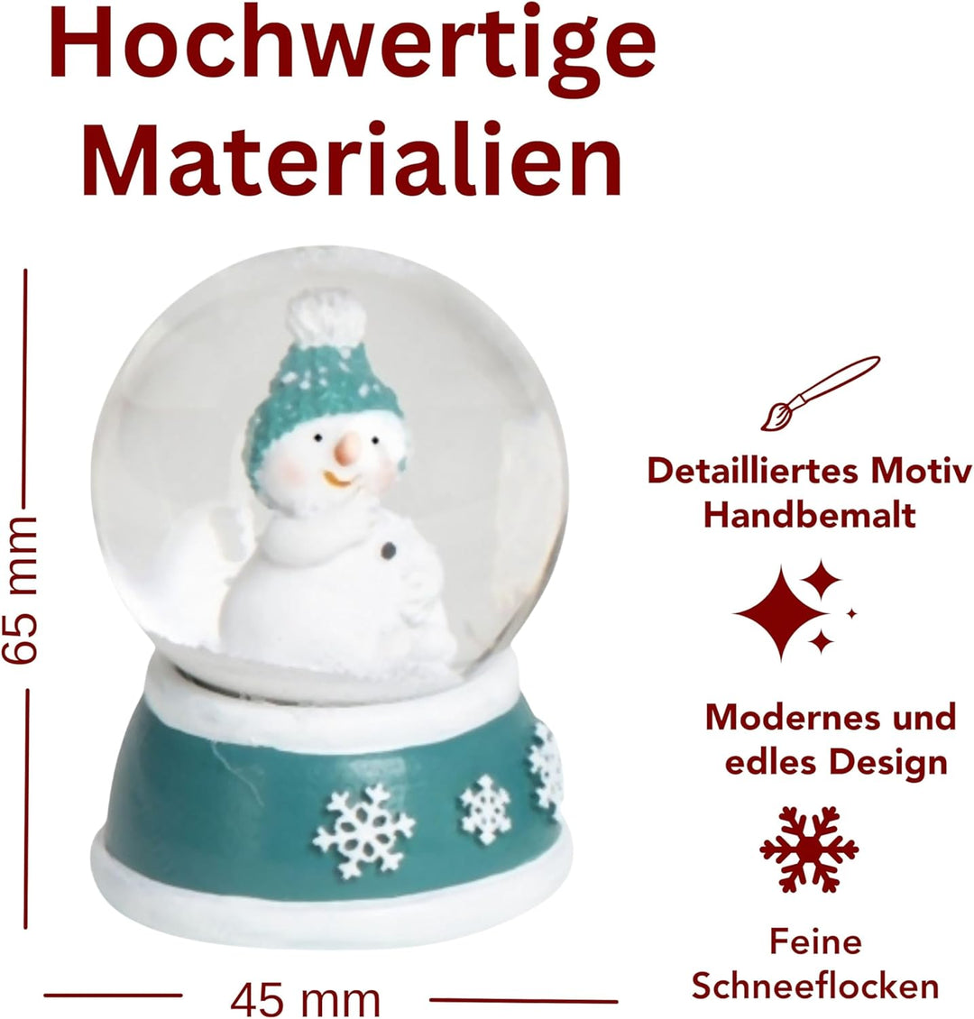 4 x süsse Mini-Schneekugeln Schneemann | Trendfarbe türkis weiss auf Sockel Schneeflocke | Wichtelge