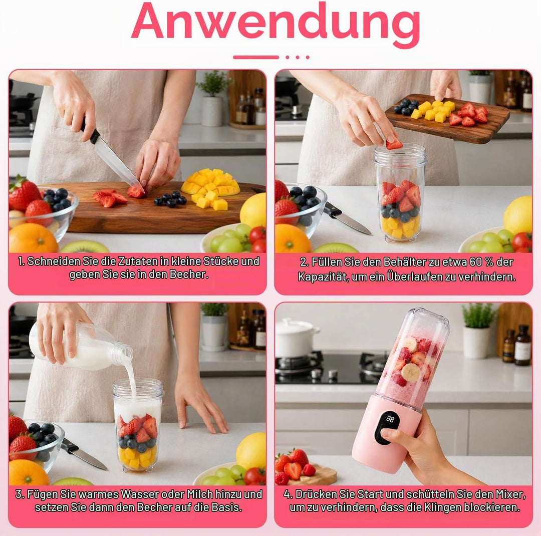 Tragbarer Mixer Smoothie Maker, 500 ml Mixer Smoothie Maker to Go mit Digitalanzeige, 16-Blatt Tragb