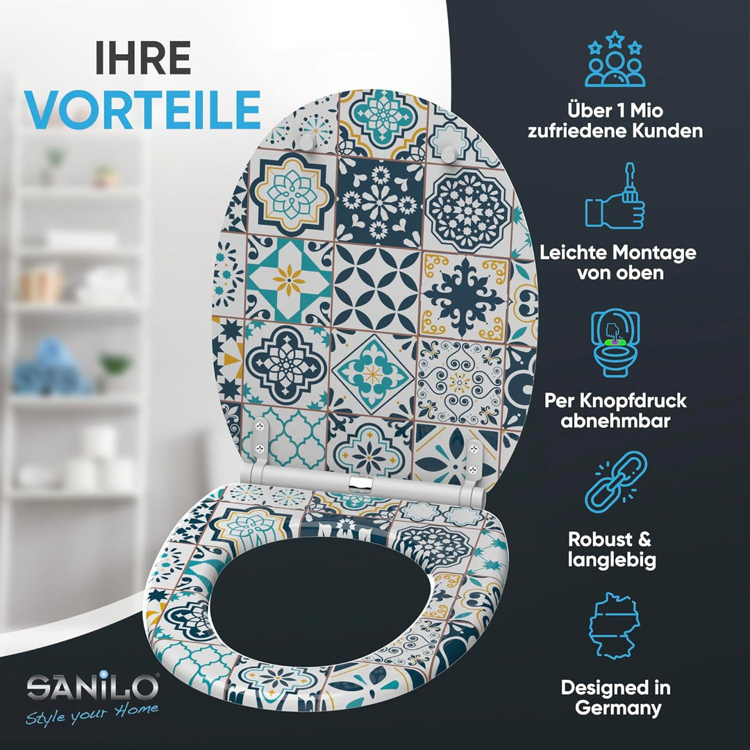 Sanilo WC Sitz mit Absenkautomatik & Schnellverschluss, Toilettendeckel per Knopfdruck abnehmbar, ei