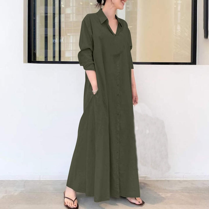 Baumwollkleider Damen Lang Sommerkleidung Leinen Shirt-Kleid Boho Grosse Grössen mit Taschen Langarm