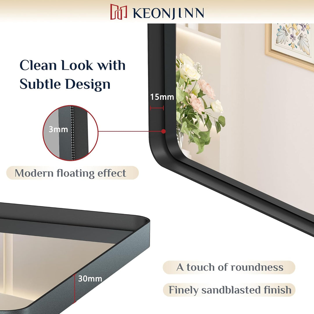 Keonjinn Wand Spiegel Schwarz 106x90cm, Badezimmerspiegel Badspiegel mit Metallrahmen, Gehärtetes Gl
