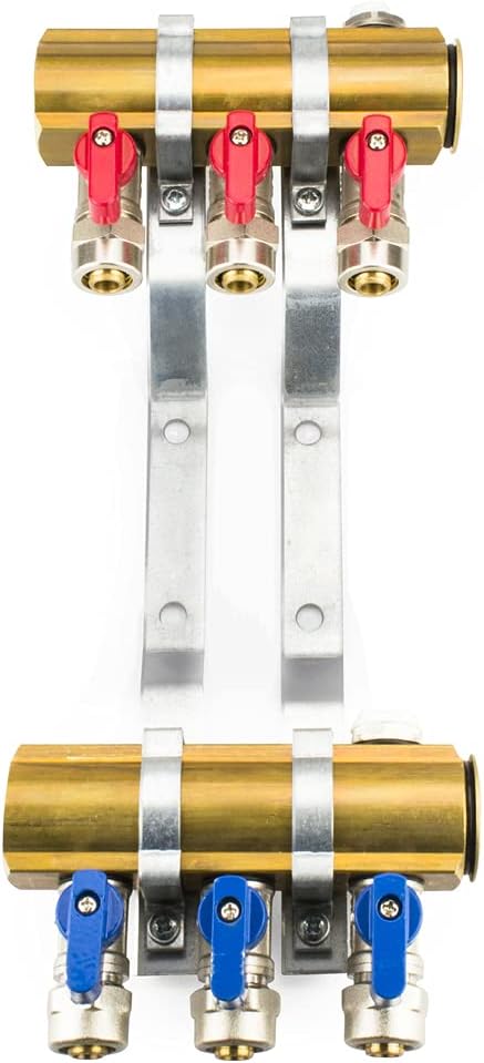 Messing Heizkreisverteiler 3 Heizkreise Set mit 6 x PEX Kugelhahn mit Klemmring 16mm x 1/2" AG & 2 x