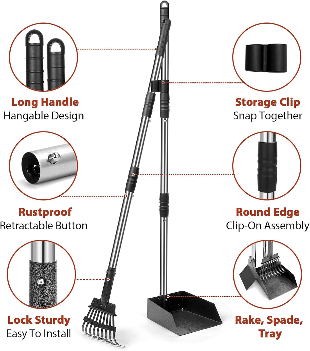 Hundekotschaufel Set mit 96cm langem Griff – Abnehmbares Metalltablett, Rechen für grosse, mittelgro