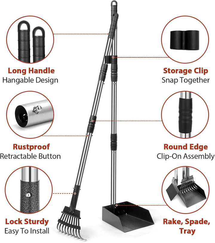 Hundekotschaufel Set mit 96cm langem Griff – Abnehmbares Metalltablett, Rechen für grosse, mittelgro