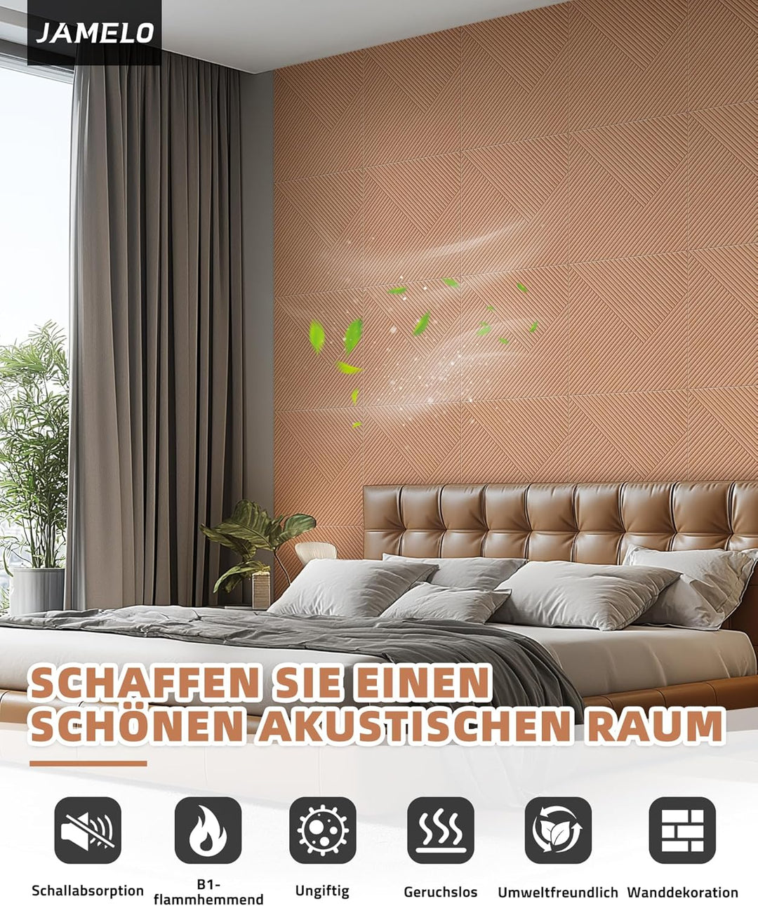 JAMELO Grosse Akustikpaneele mit Holzmusterdruck - 6 Stk. 60 x 60cm -2.16m² | auf Filz für Studio un