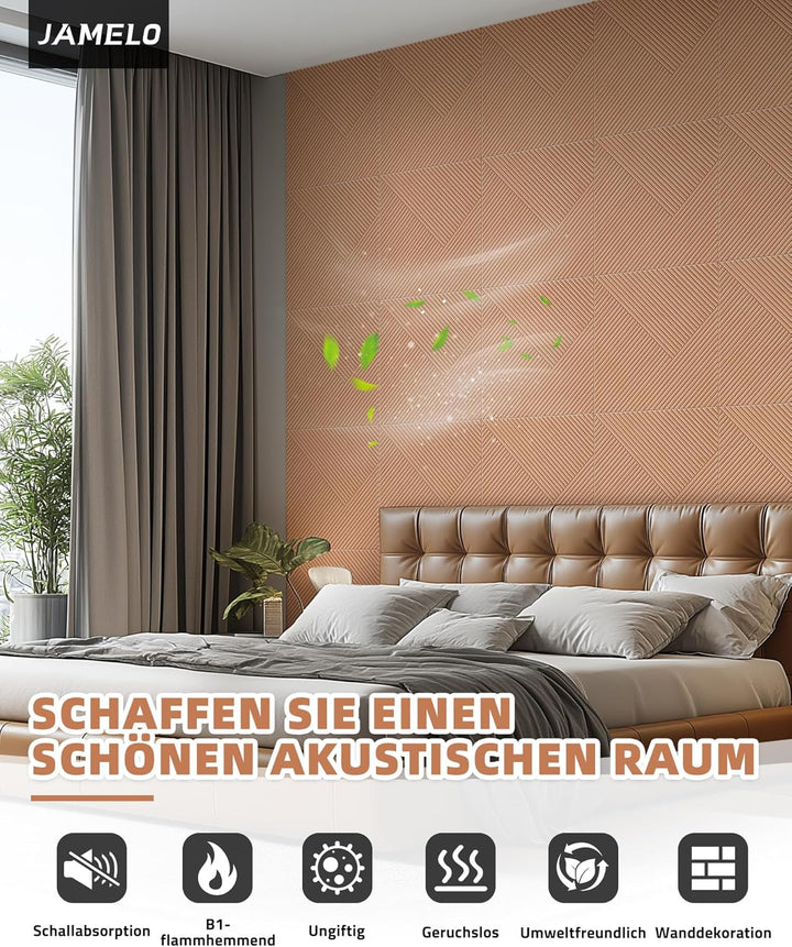 JAMELO Grosse Akustikpaneele mit Holzmusterdruck - 6 Stk. 60 x 60cm -2.16m² | auf Filz für Studio un