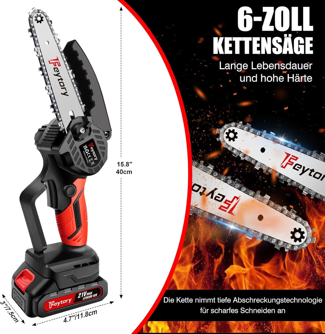 Mini Kettensäge mit Akku 6 Zoll Mini Kettensäge Elektro mit Akku 1500mAh Handkettensäge Akku Bürsten