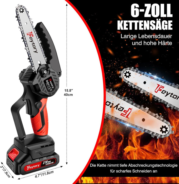 Mini Kettensäge mit Akku 6 Zoll Mini Kettensäge Elektro mit Akku 1500mAh Handkettensäge Akku Bürsten