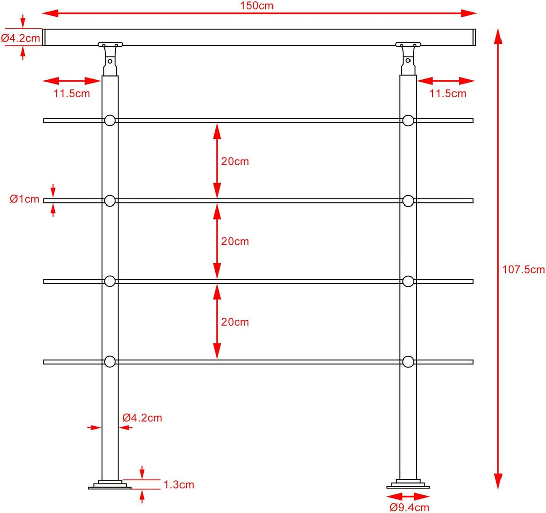 MONZANA® Treppengeländer Edelstahl Pflegeleicht 150cm mit 4 Querstreben Innen und Aussen Handlauf Ge