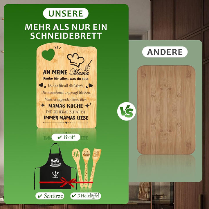 Geschenk für Mama Set, Muttertagsgeschenke Bambus-Holzbrett Personalisierte Schneidebrett mit Schürz