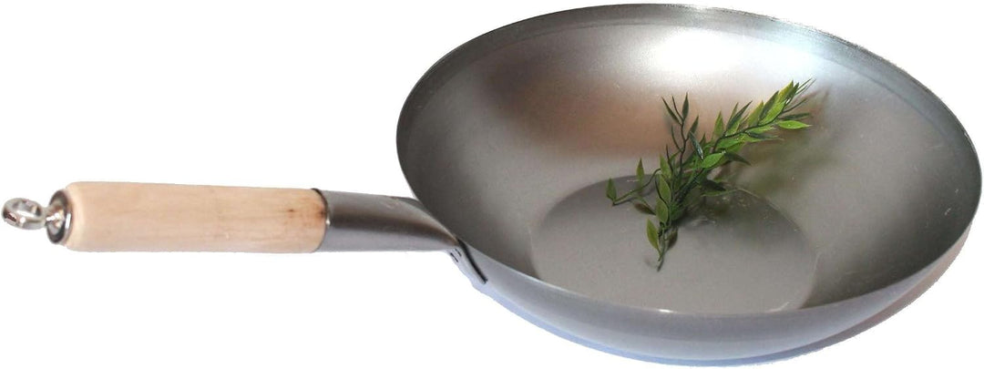 Wok Pfanne Flacher Boden Ø 38 cm, für Gas, Induktion, Ceran und Elektro, mit Holzgriff auch zum Aufh