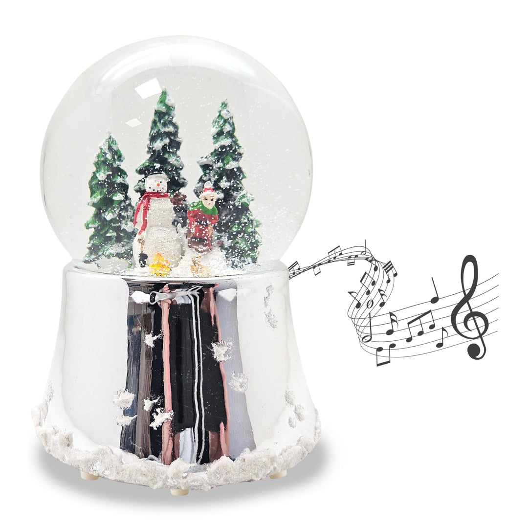 Schneekugel Weihnachten Spieluhr | Schneemann Steht mit Kind auf Schlitten | Sockel Silber glänzend