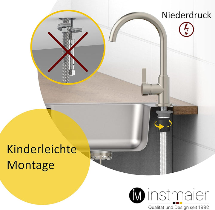 instmaier K3 Niederdruck Küchenarmatur | Wasserhahn Küche Edelstahl | Spültischarmatur mit hohem Aus