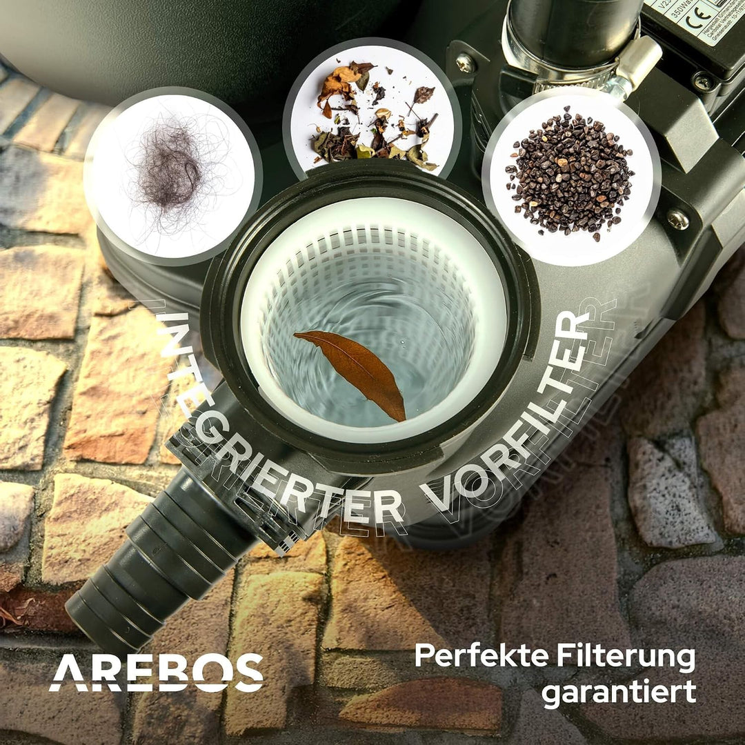 Arebos Schwimmbadpumpe 350W | Filterpumpe mit Vorfilter &amp; 9500 l/h | Poolpumpe für Sandfilteranlage