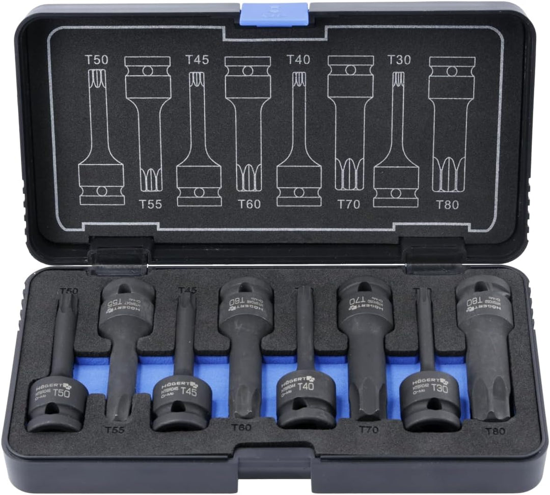 Högert Technik - Druckluft-Schlagschrauber-Nuss Torx, 8 Stkc. 1/2", CrMo - TORX-Schlagschraubersatz