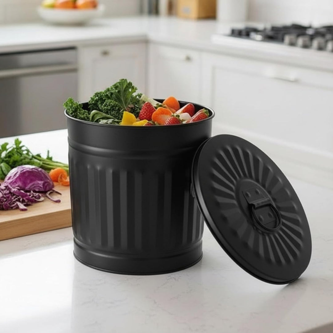 Jinfa Bio Mülleimer Küche 7L schwarz aus Metall Tischmülleimer mit Deckel Blech Eimer Kosmetikeimer