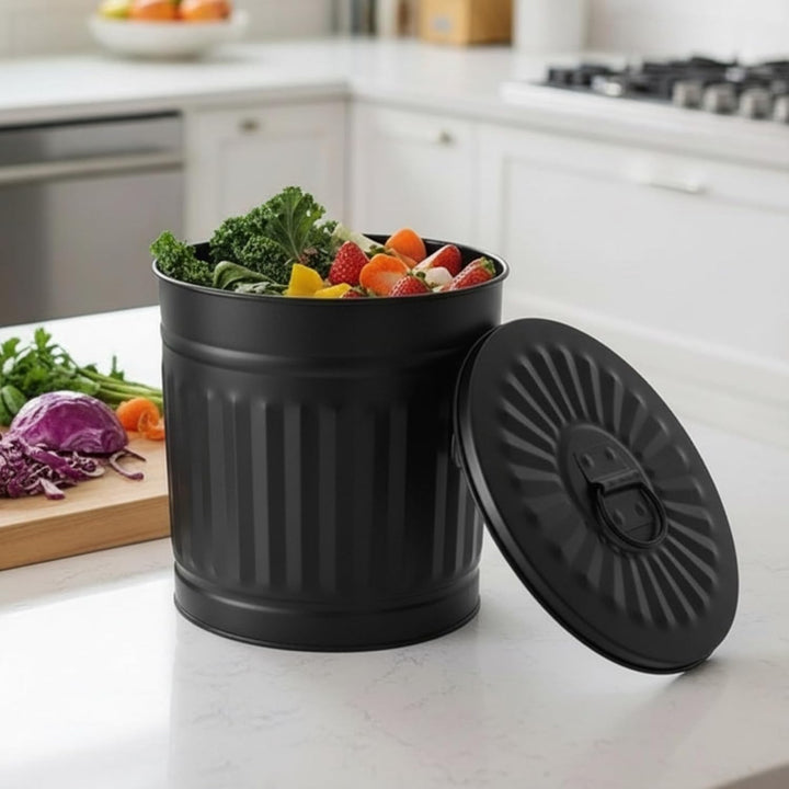 Jinfa Bio Mülleimer Küche 7L schwarz aus Metall Tischmülleimer mit Deckel Blech Eimer Kosmetikeimer
