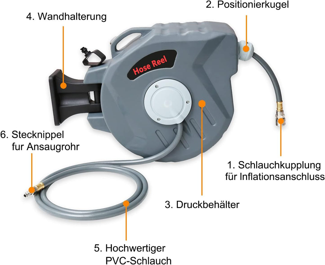 Druckluftschlauchtrommel 20m, Schlauchaufroller Druckluft mit 1/4 Zoll Schnellkupplung,max. Druck:18