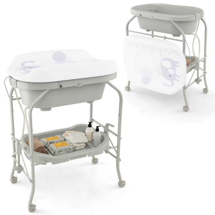 COSTWAY 4 in 1 Wickeltisch klappbar mit Badewanne, tragbare Wickelkommode mit Wickelauflage, mobile