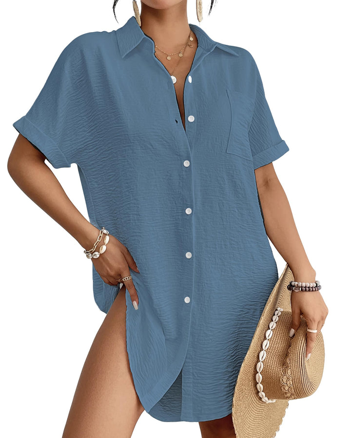 Bsubseach Frauen Badeanzug Coverup Shirt Kleid Button Down Badeanzug Cover Up Beachwear Haze Blue S,