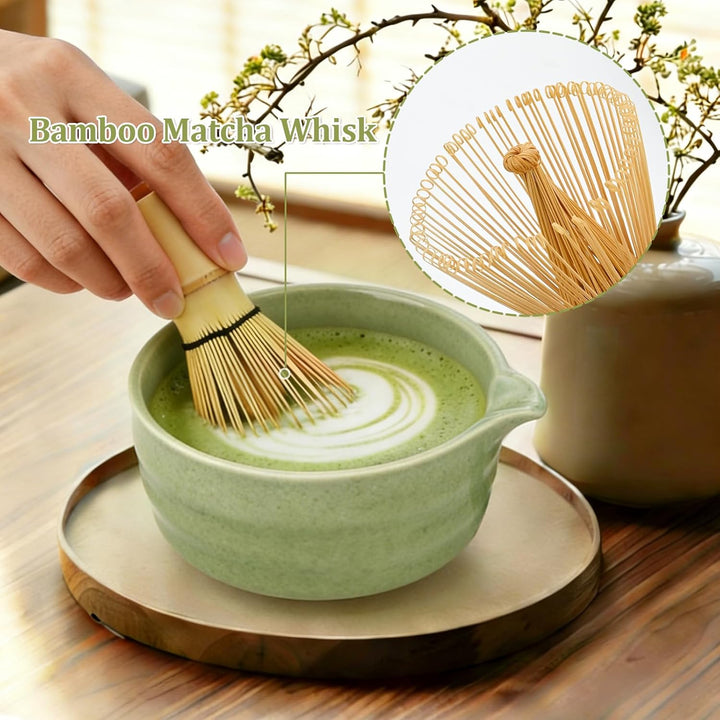 5 Stück Matcha Set, Japanisches Matcha Tee Set mit Bambusbesen, Keramik Schale mit Ausgiesser, Edels