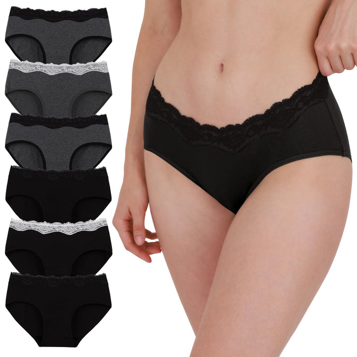 INNERSY Unterhosen Damen Baumwolle Slips mit Spitze Bequeme Hipster Unterwäsche Mehrpack 6, Schwarz/
