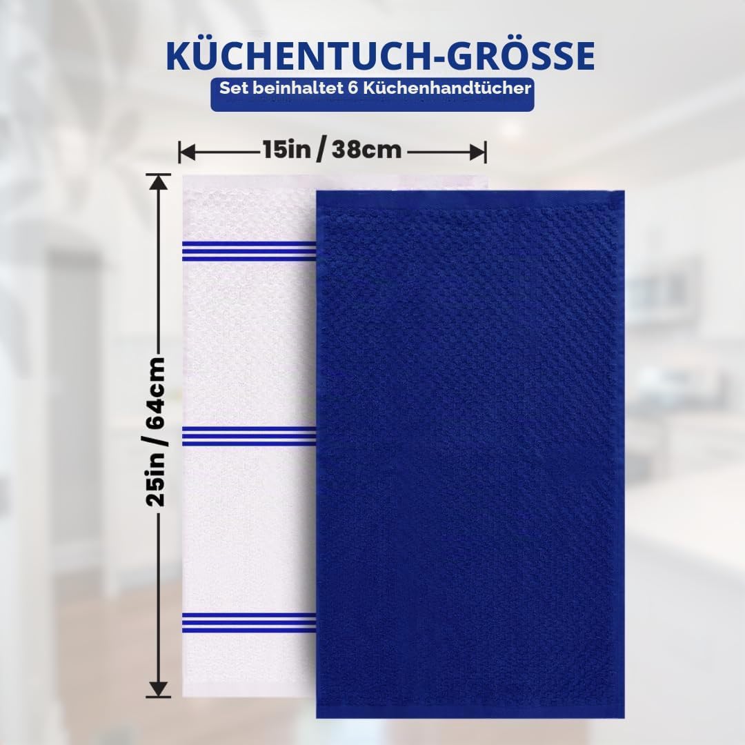 Premium Küchentücher,6 Stück, 100 % Baumwolle, 38.1x63.3 cm, Frottee-Küchentücher, blaues Geschirrtu