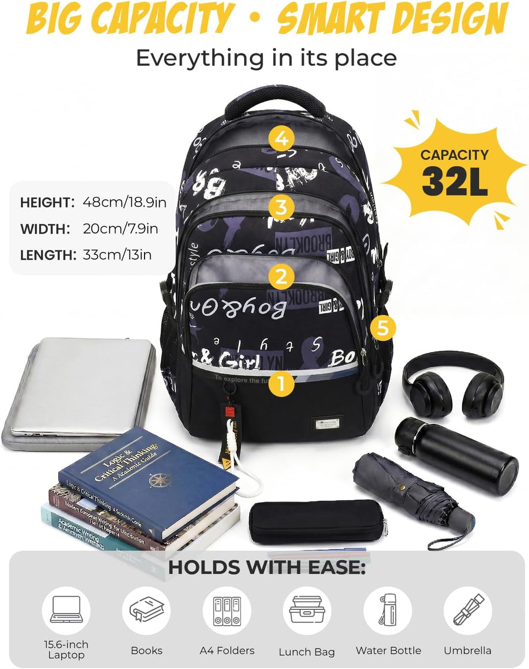 Amythe Schulrucksack Teenager Rucksack für Jungen - Wasserdichter Casual Daypack, Schulranzen Ideal