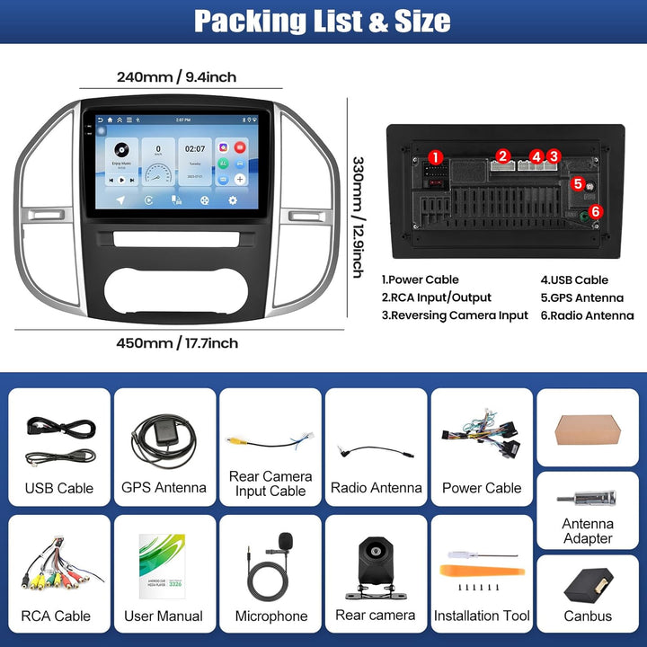 CAMECHO 4+128G 10 Zoll Android 15 Autoradio für Mercedes Benz Vito 3 W447 (2014-2020) mit Wireless C