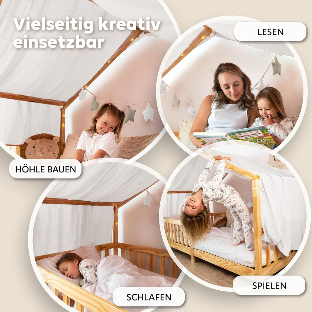 Hausbett Himmel [in 12 Farben] Betthimmel Hausbett aus 100% Baumwolle Musselin - Stoffhimmel für Hau