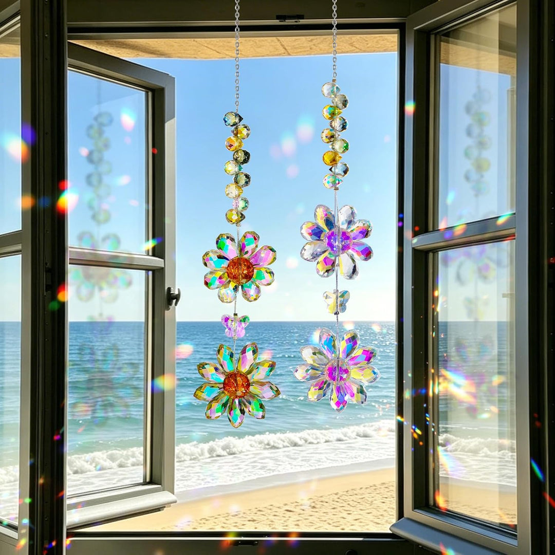 2 Stück Sonnenfänger Kristall Doppelt Blume Windspiel Fenster Anhänger Regenbogen Kristalle Deko Fen