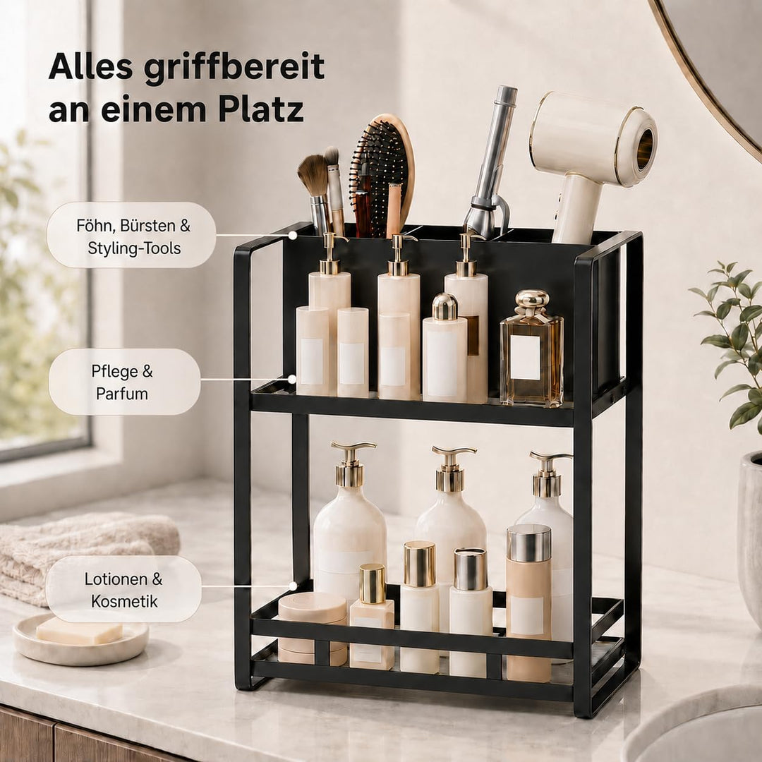 Kosmetik Organizer mit Föhnhalter, 2 Ebenen Badezimmer Organizer aus Metall, Make Up Organizer für S