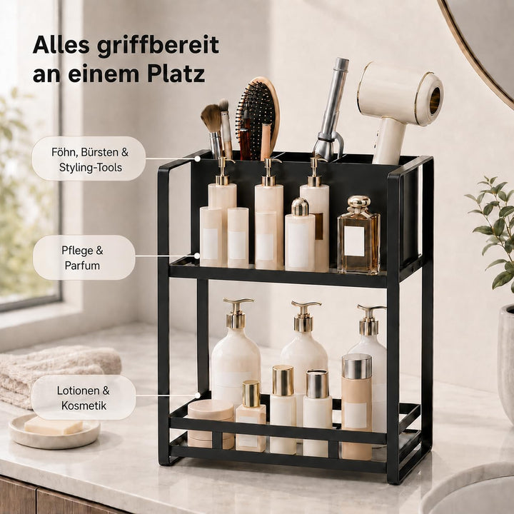 Kosmetik Organizer mit Föhnhalter, 2 Ebenen Badezimmer Organizer aus Metall, Make Up Organizer für S