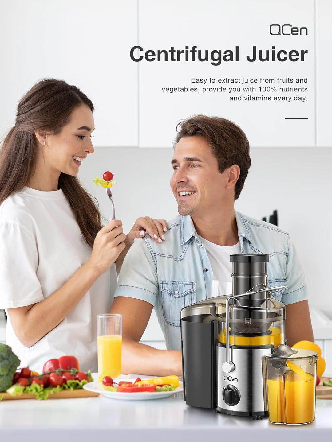 QCen Entsafter, Zentrifugal-Entsafter mit 3-Zoll-Einfüllschacht, leicht zu reinigen, Edelstahl, BPA-