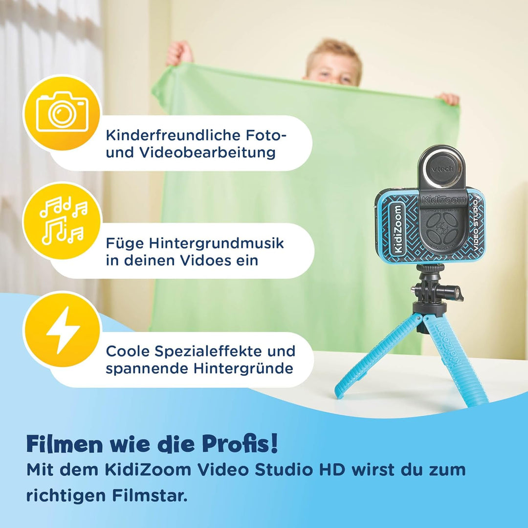 VTech Kidizoom Video Studio HD blau – Kinderkamera mit Greenscreen, Stativ, Effekten, Selfielinse un