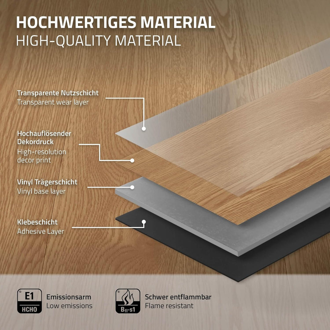 ML-Design Deluxe PVC Bodenbelag, Selbstklebende Vinyl-Dielen, Vinylboden, 91,5 cm x 15,3 cm x 2 mm,