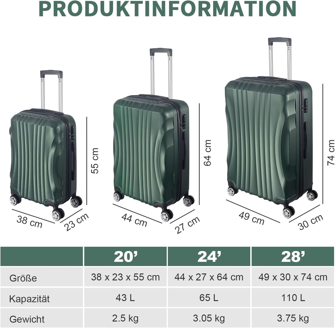Hartschalenkoffer Set 3 Teilig, Kratzresistente Premium Hartschale, 55 64 74 cm, 360-Grad-Doppelroll
