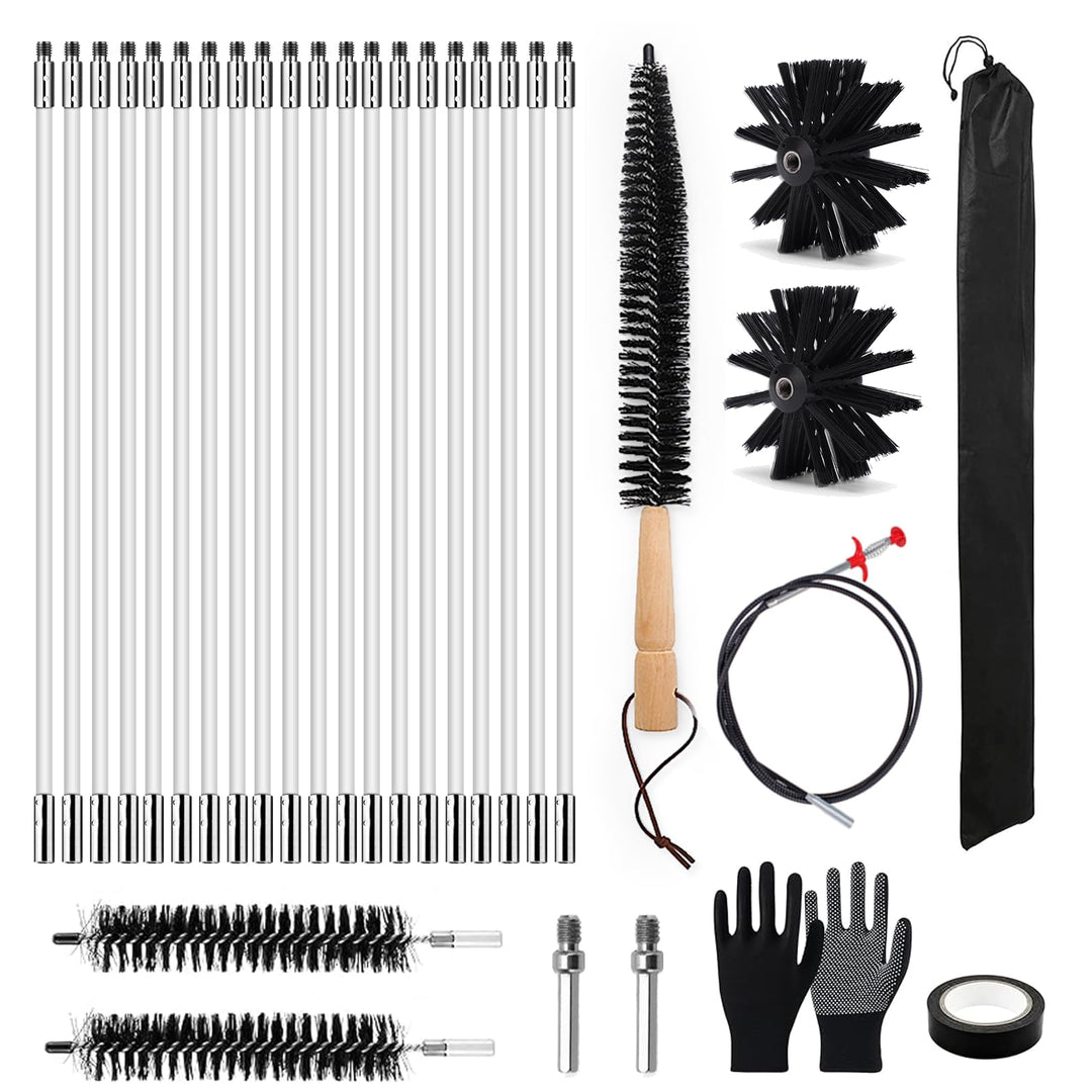 31 Kaminbürsten Set Premium (150mm Bürstenkopf) - 20x Flexible Stangen Inkl. 2 Bürsten, Trocknerbürs