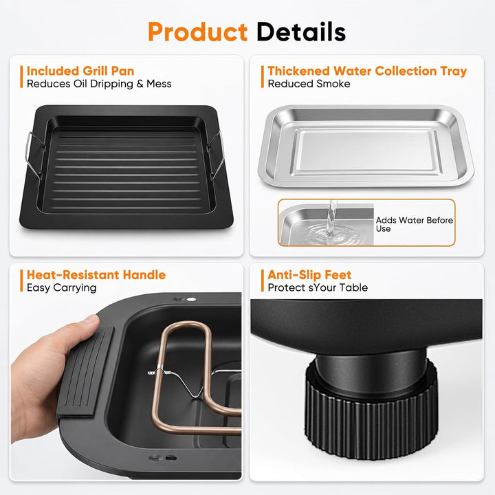Elektrogrill 2000W, Teppanyaki Grillplatte mit 6 Stufen bis 343 °C