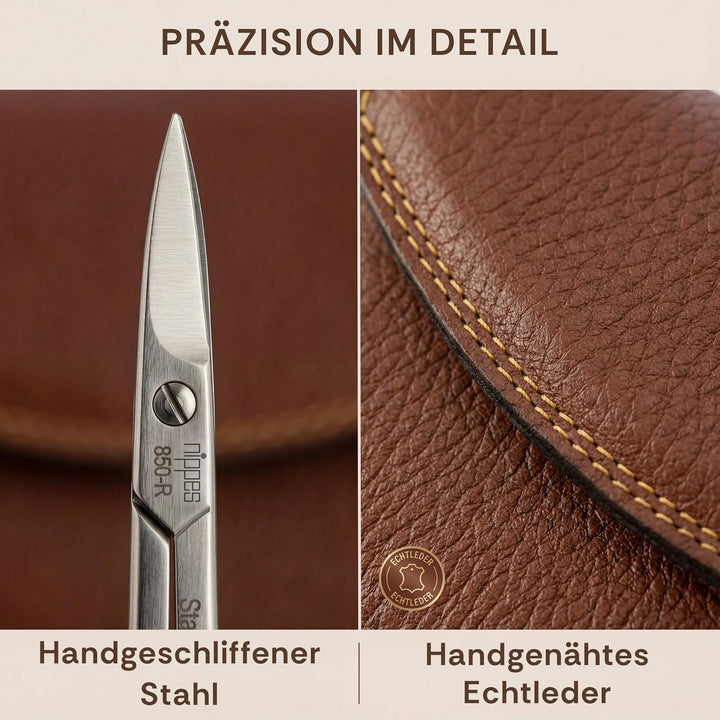 nippes Solingen Classic Premium-Maniküre Set, 5-teilig, Echtes Rindsleder-Nageletui, braun, Edelstah